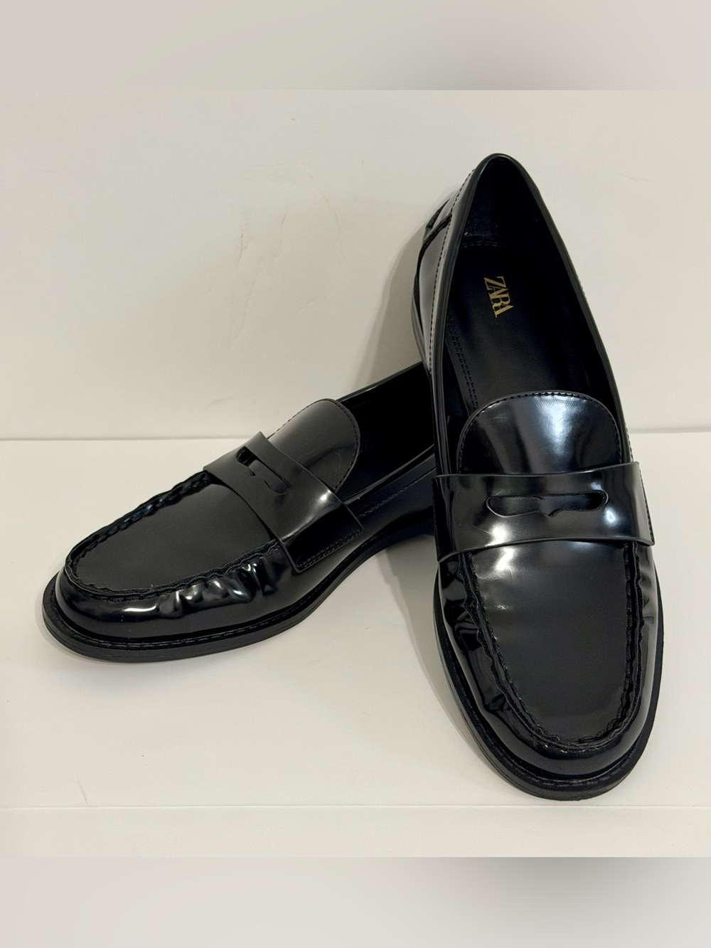 Zara Black Gloss Patent Penny Loafers for Women, Size 39
